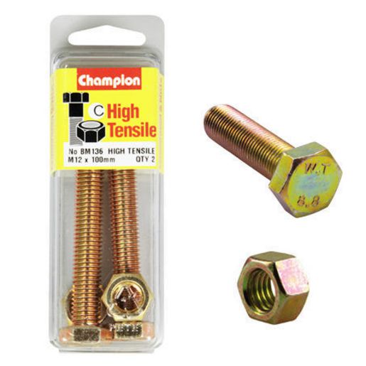 Champion Hex Set Screw & Nut High Tensile M12 x 100mm Grade 8.8 - BM136