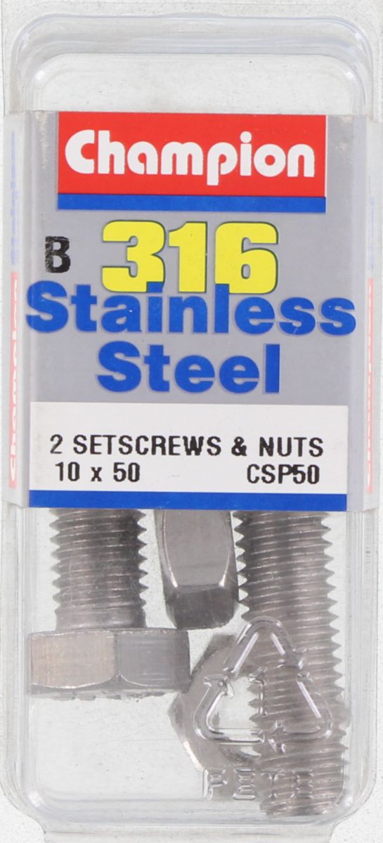 Champion Hex Set Screw & Nut Stainless Steel M10x50mm & M10x1.50mm 316/A4 - CSP50