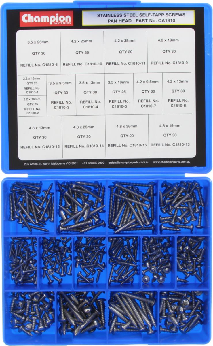 Champion Self Tap Screw Pan Head x'Rec S/Steel Assortment - CA1810