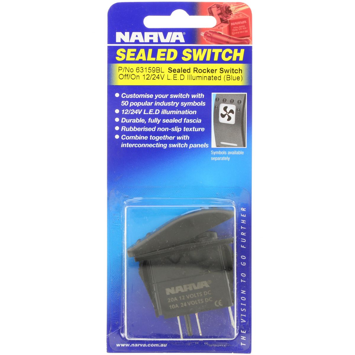 Narva Sealed Rocker Switch Off/On SPST 12V/24V Blue LED - 63159BL