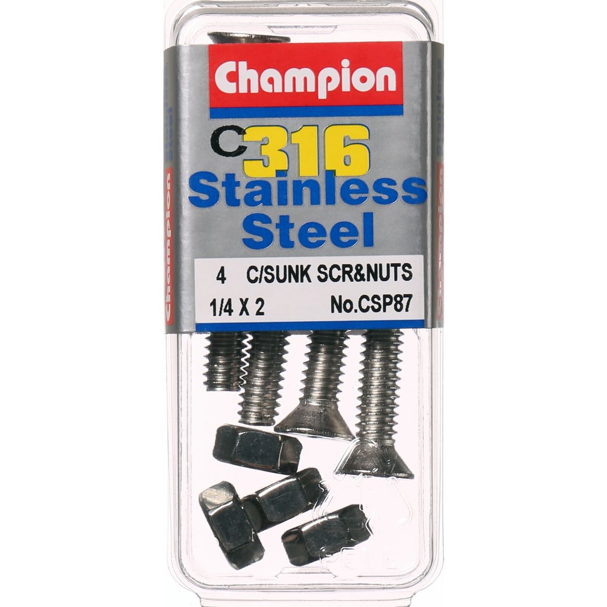 Champion Machine Screw & Nut CSK Phillips Stainless Steel 1/4inx2in 316/A4 - CSP87