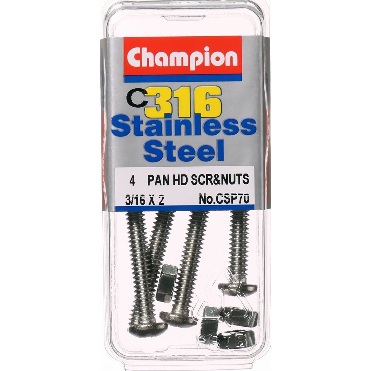 Champion Machine Screw & Nut Pan Phillips Stainless Steel 3/16inx2in 316/A4 - CSP70