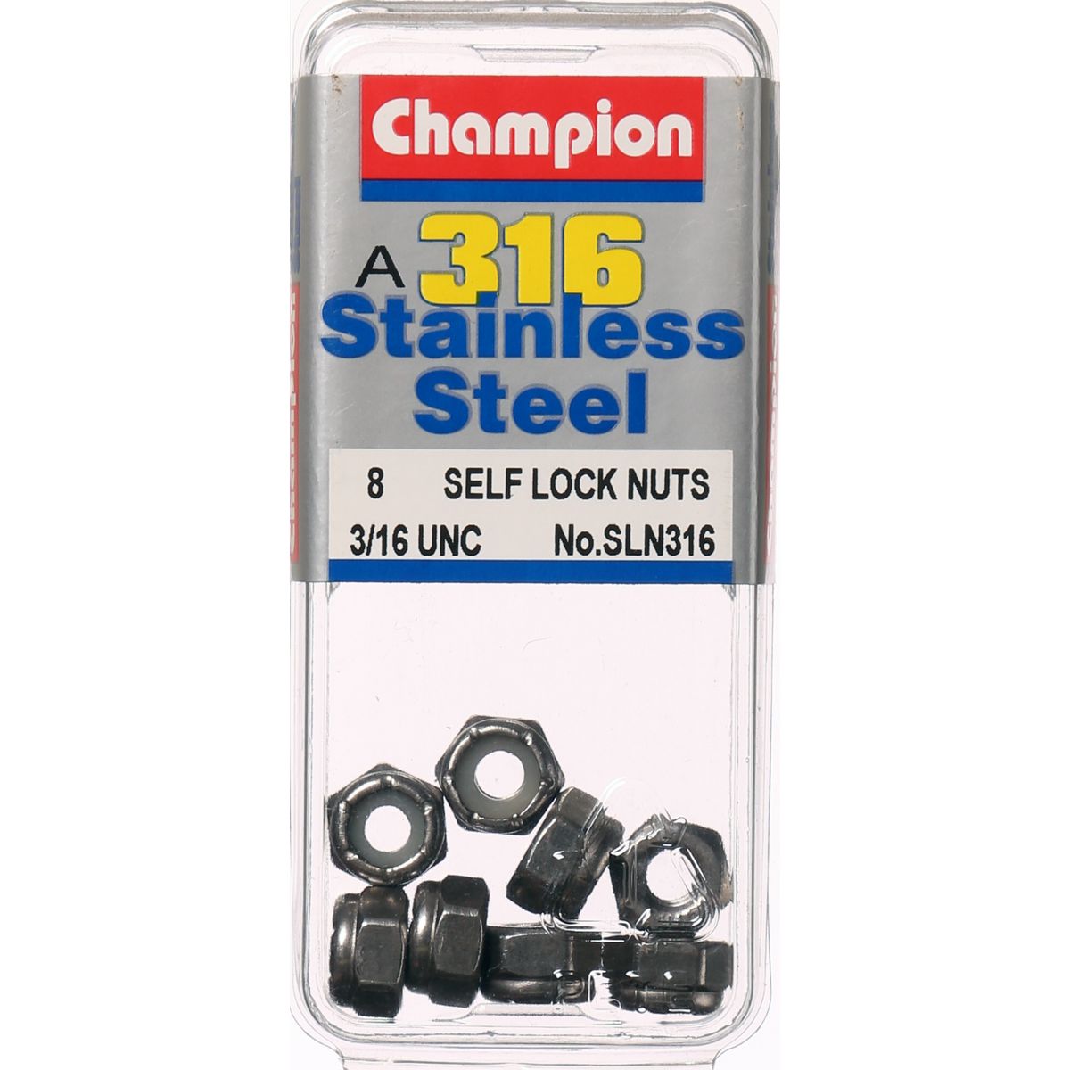 Champion Hex Nut Self Locking Nylon Insert Stainless Steel 3/16in UNC 316/A4 - SLN316