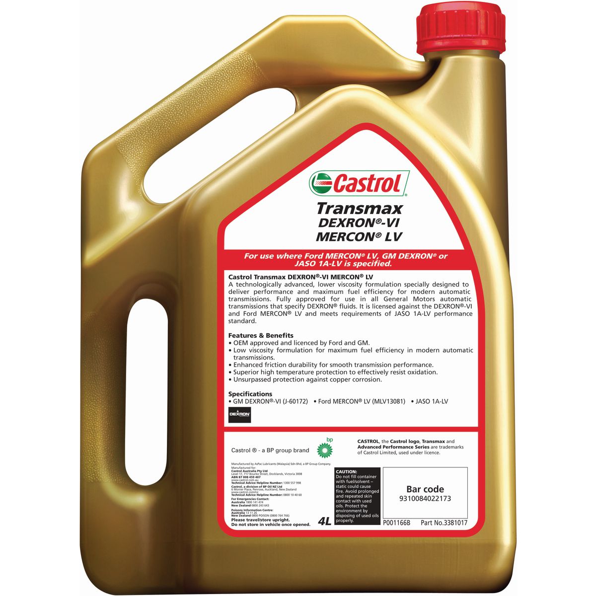 Castrol Transmax Automatic Transmission Fluid DEXRON-VI LV 4L - 3381017