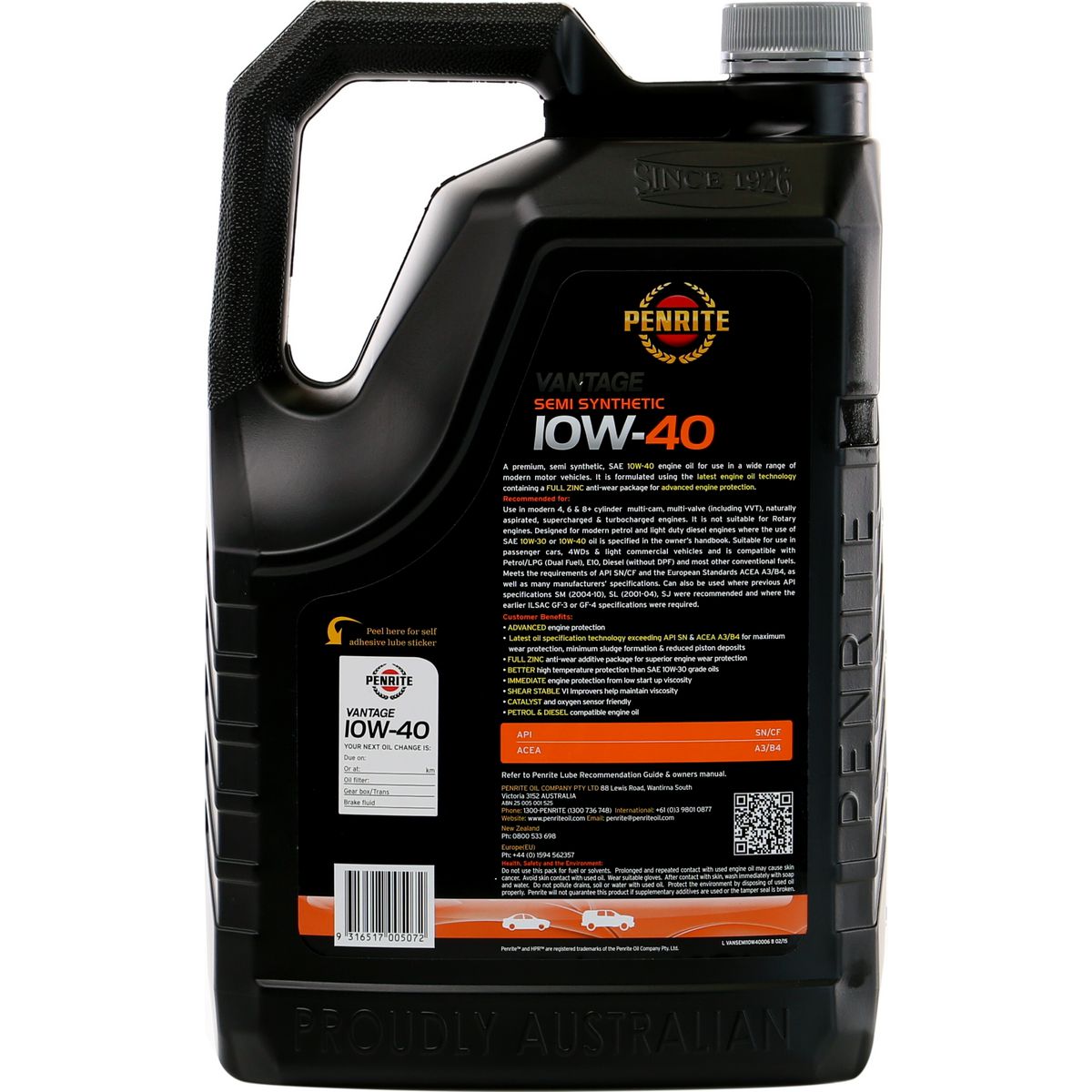 Penrite Vantage Semi Synthetic 10W-40 Engine Oil 6L - VANSEMI10W40006