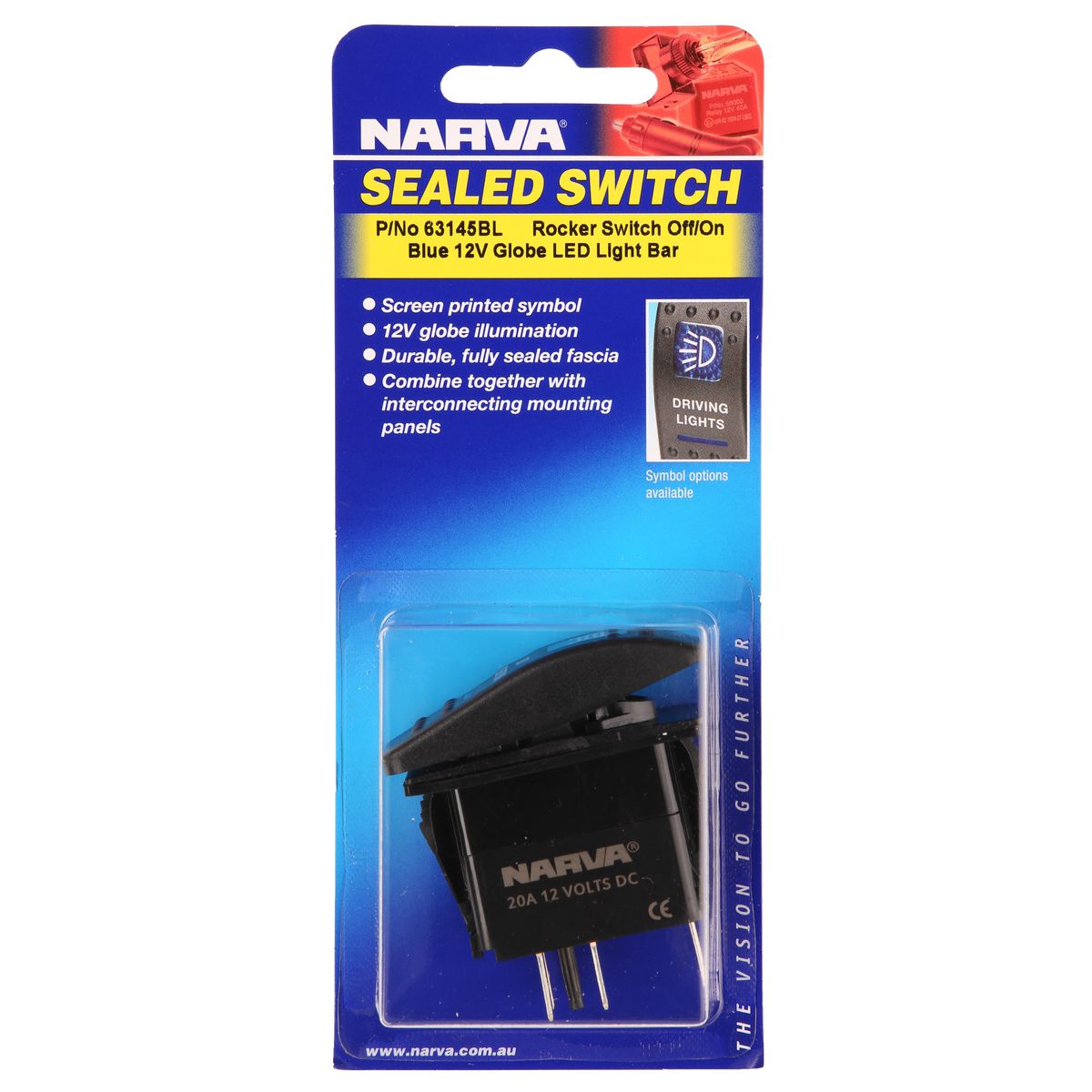 Narva Sealed Rocker Switch Off/On SPDT 12V Blue Illuminated LED Light Bar Symbol - 63145BL