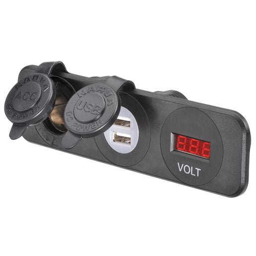 Narva Heavy Duty ACC Dual USB Sockets & 12 24V DC LED Volt Meter - 81181BL