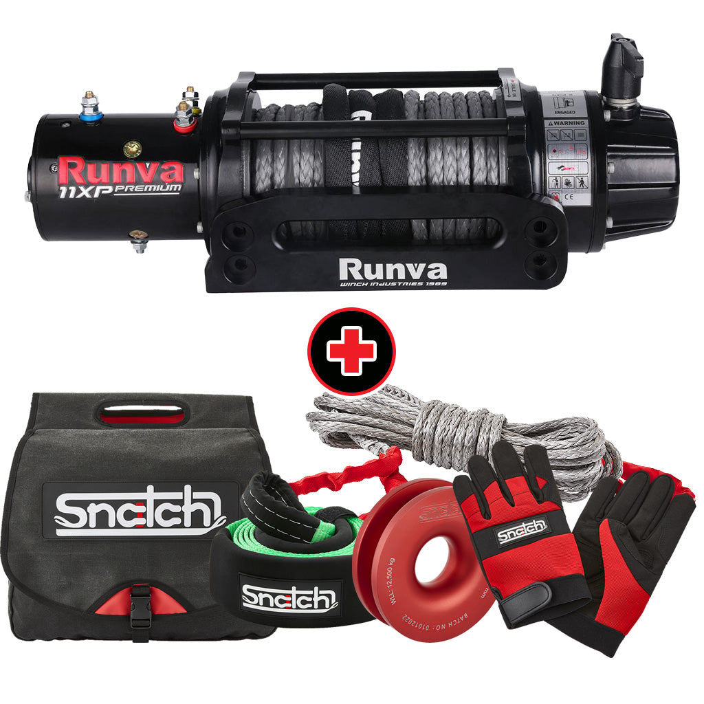 Runva 11XP Winch with Snatch Recovery Bag, Gloves, Recovery Gear (Tree Trunk Protector, Winch Ring, Extension Rope)