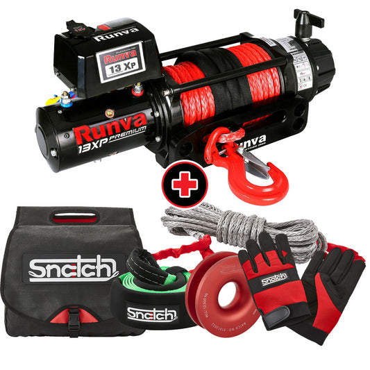 Runva 13XP Winch with Snatch Recovery Bag, Gloves, Recovery Gear (Tree Trunk Protector, Winch Ring, Extension Rope)