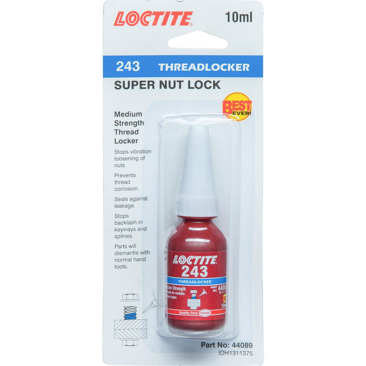 Loctite 243 Threadlocker Super Nut Lock Medium Strength Blue 10ml - 1311375