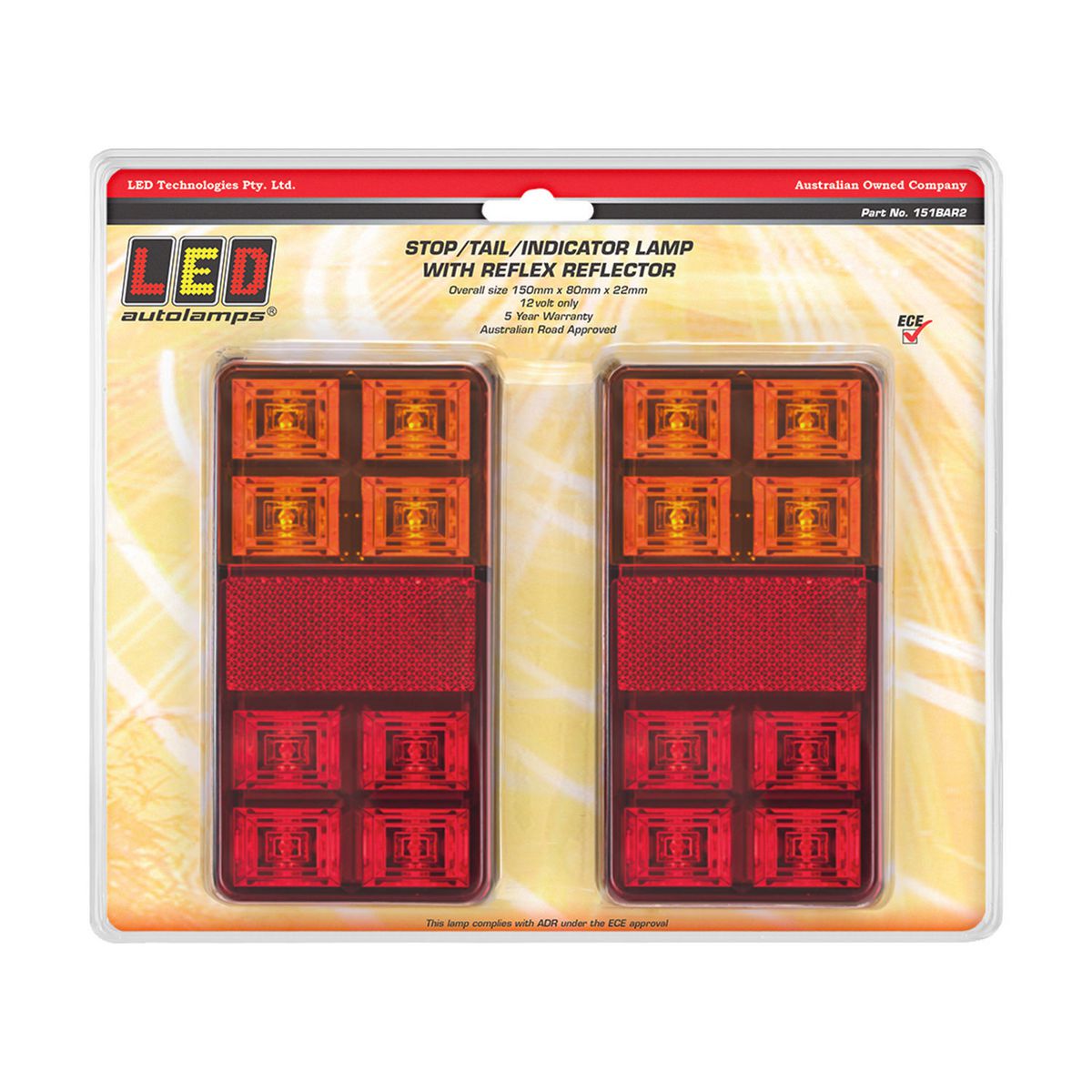 LED Autolamps 12V LED Stop/Tail/Indicator Lamp With Reflex Reflector 2 Pack - 151BAR2