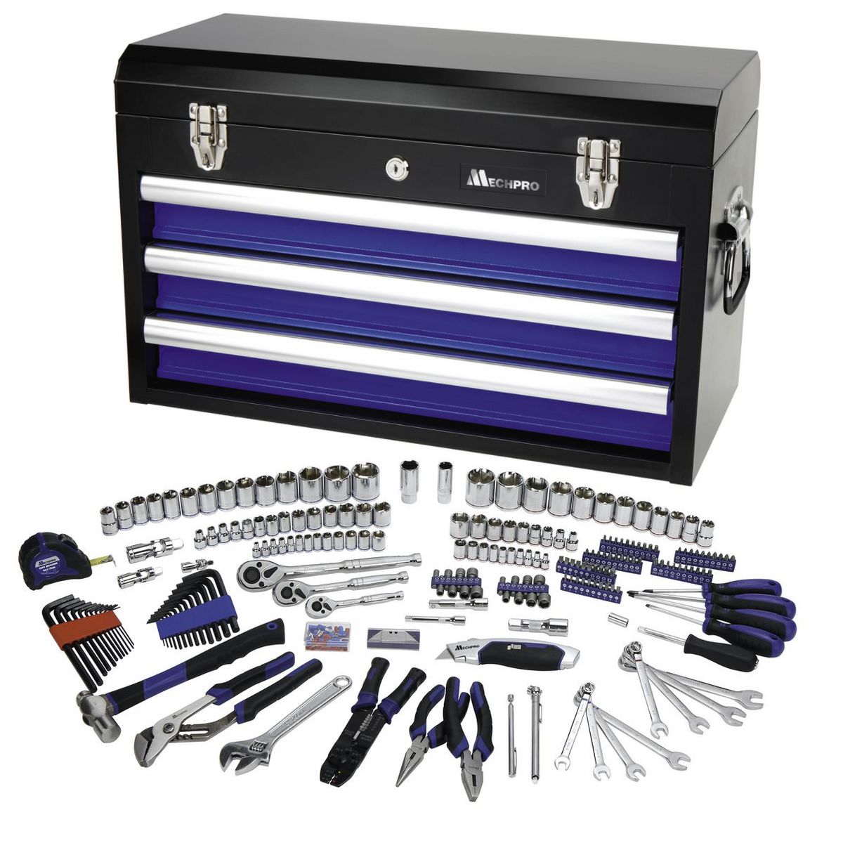 Mechpro Blue Tool Kit with 3 Drawer Chest 1/4In, 3/8In & 1/2In Drive 248pc - MP215KCRV