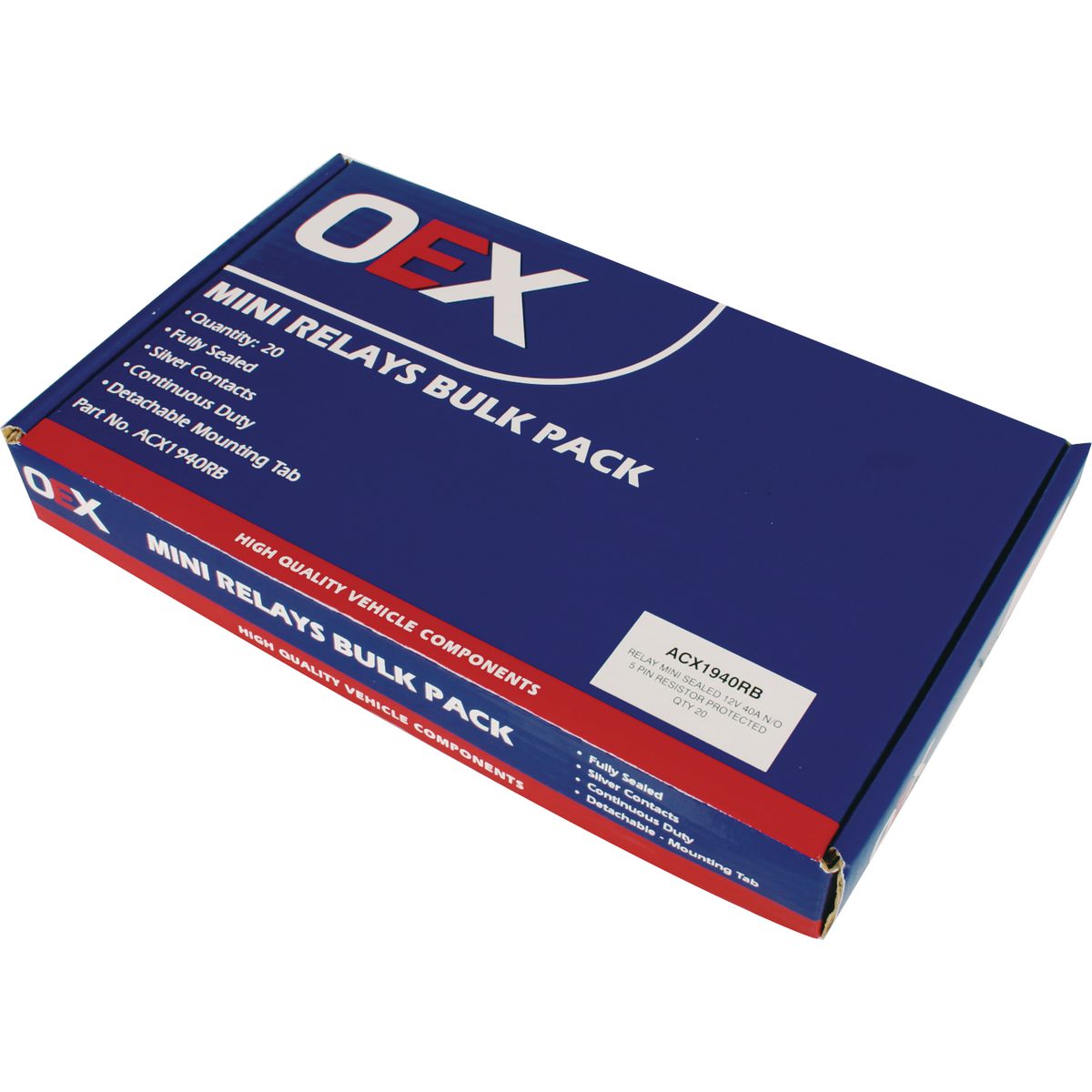 OEX Mini Relay 12V Normally Open 40A - Resistor Protected, Sealed - Pack of 20 - ACX1940RB