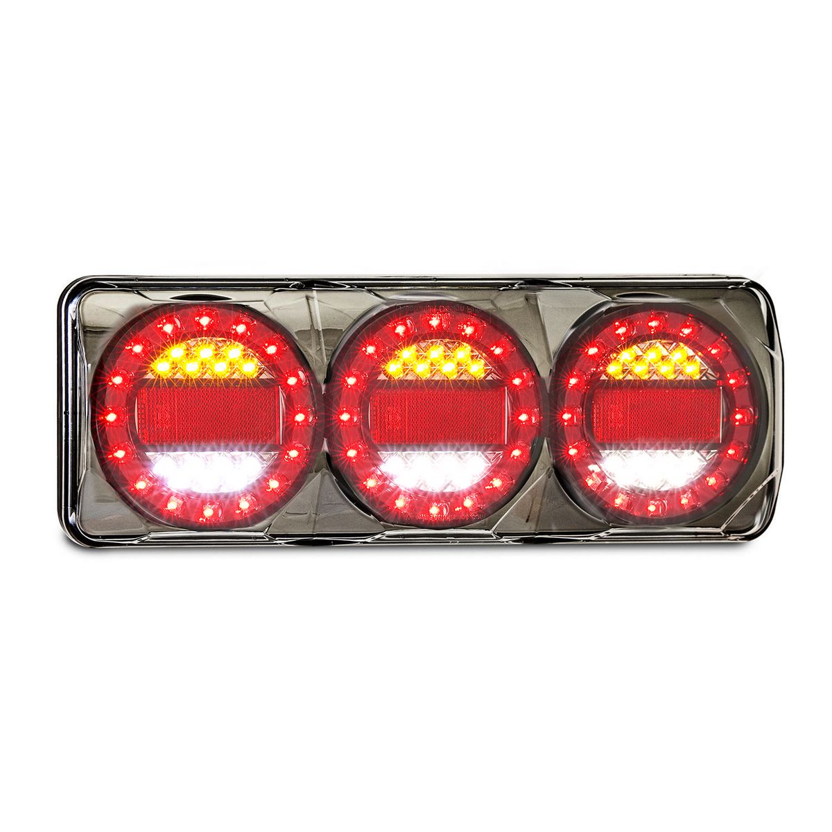 LED Autolamps 12/24V Stop/Tail/Indicator/Reverse/Reflector 3 Lamp Combination Black Chrome - MAXILAMPC3XRW