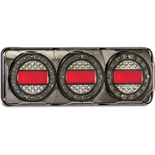 LED Autolamps 12/24V Maxilamp Stop/Tail/Indicator/Reverse/Reflector Combo Lamp Black Chrome - MAXILAMPC3XRWB