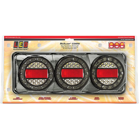 LED Autolamps 12/24V Stop/Tail/Indicator/Reverse/Reflector 3 Lamp Combination Black Chrome - MAXILAMPC3XRW