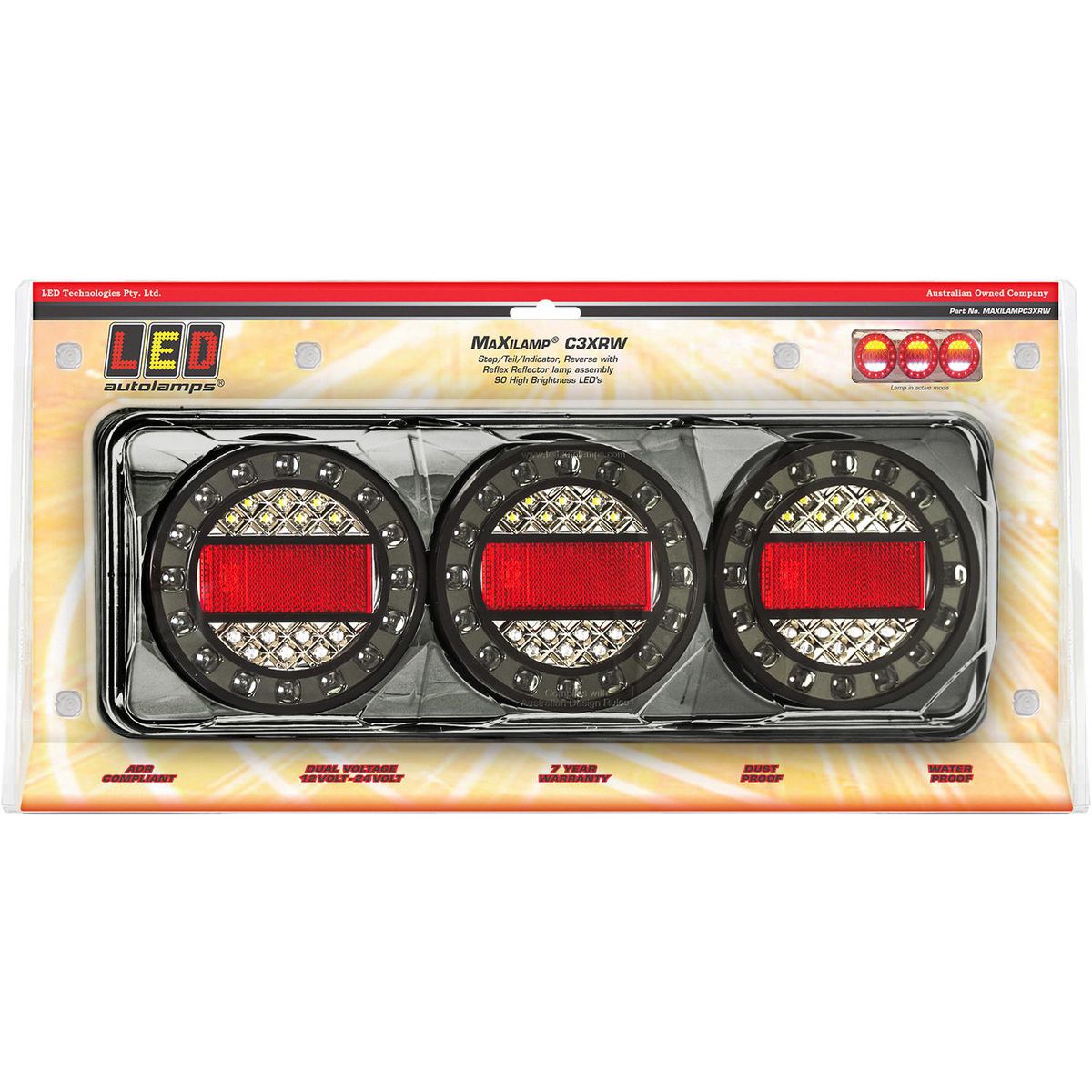 LED Autolamps 12/24V Stop/Tail/Indicator/Reverse/Reflector 3 Lamp Combination Black Chrome - MAXILAMPC3XRW