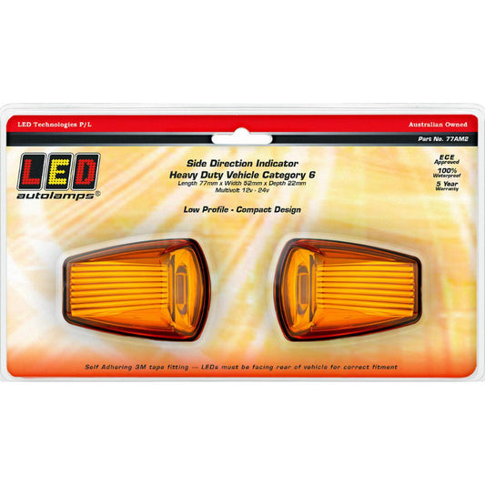 LED Autolamps 12/24V Cat6 Side Direction Indicator Lamp Amber Lens Twin Blister - 77AM2