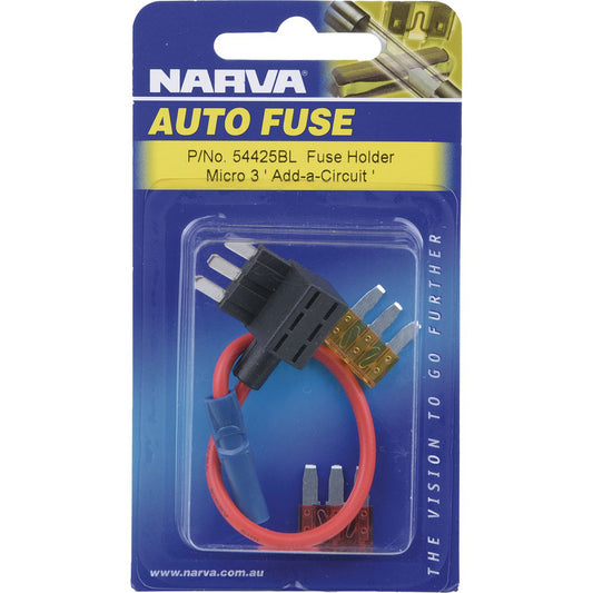 Narva 'Add-A-Circuit' In Line Micro 3 Blade Fuse Holder 2 Way 20A 1 Pack - 54425BL