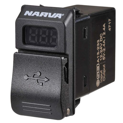Narva Dual USB Charger 12/24V With LED Volt/Amp Meter - 63219BL
