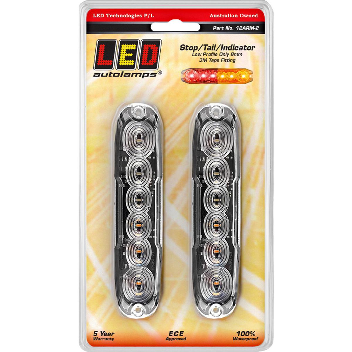 LED Autolamps 12/24V Stop/Tail/Indicator Light Clear Lens Coloured LEDs Surface Mount - 12ARM-2