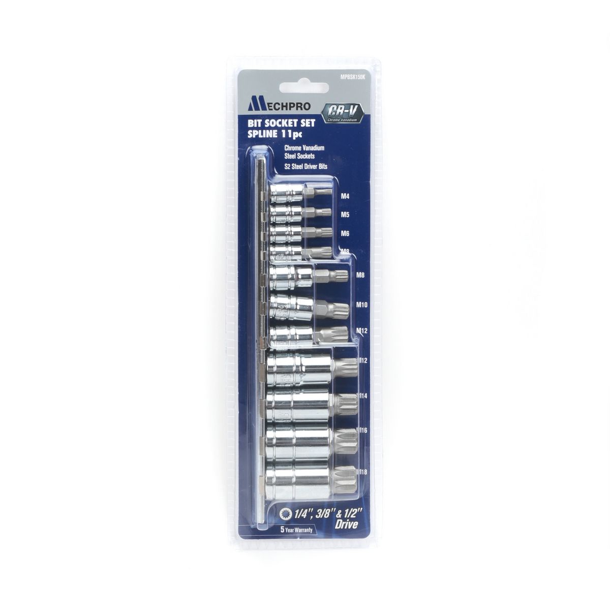 Mechpro Blue Spline Socket Set 1/4In, 3/8In & 1/2In 11pc - MPBSK150K