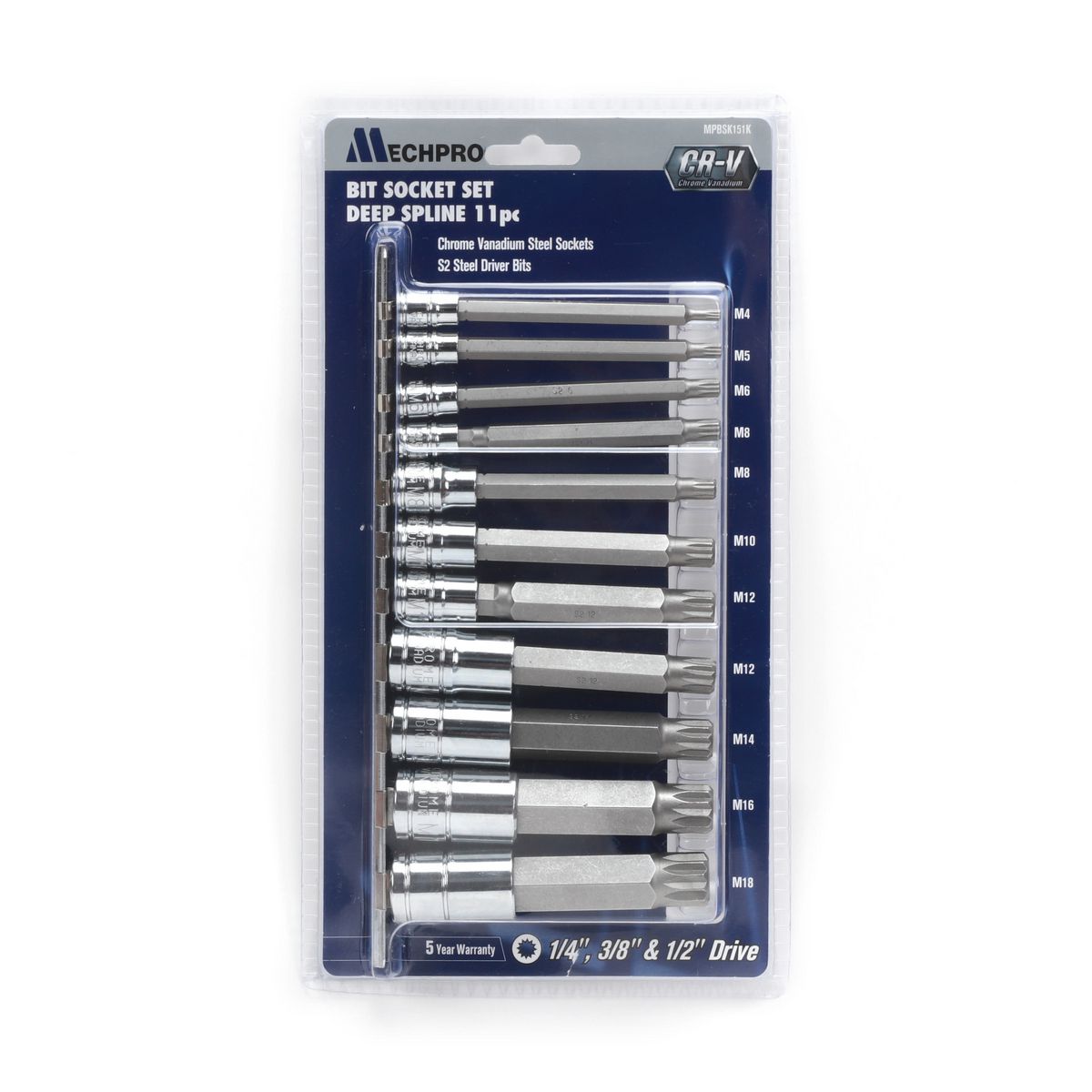 Mechpro Blue Long Spline Socket Set 1/4In, 3/8In & 1/2In 11pc - MPBSK151K