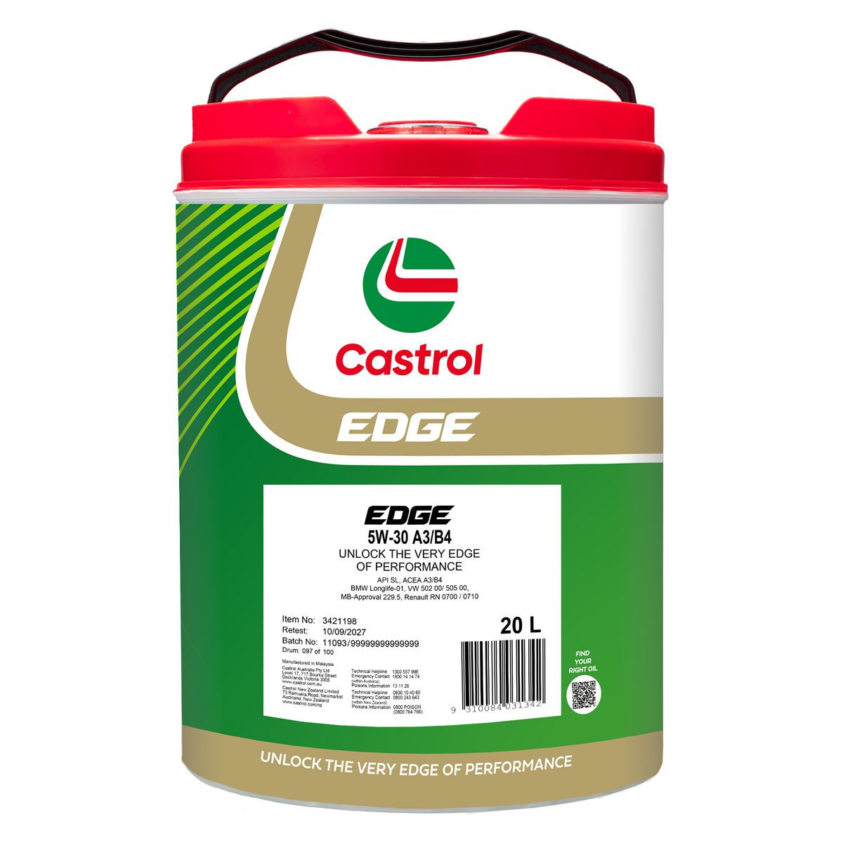 Castrol EDGE 5W-30 A3 B4 Engine Oil 20L - 3421198