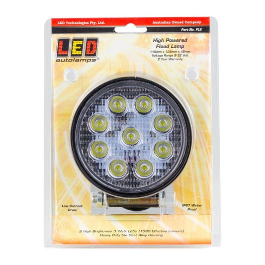 LED Autolamps 9/32V High Powered Round Flood Lamp Black Powder Coated Aluminium - FL2