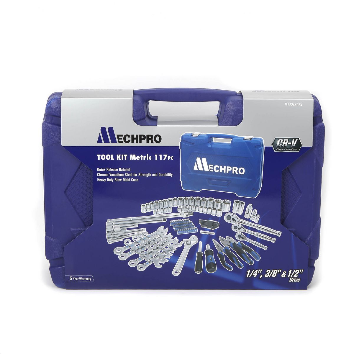 Mechpro Blue Automotive Tool Kit Metric 1/4In, 3/8In & 1/2In Drive 117pc - MP224KCRV