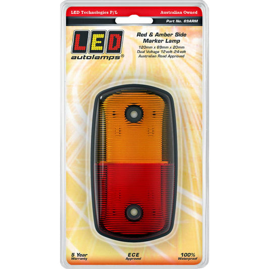 LED Autolamps 12/24V Amber/Red Side Marker Light Blister Pack - 69ARM
