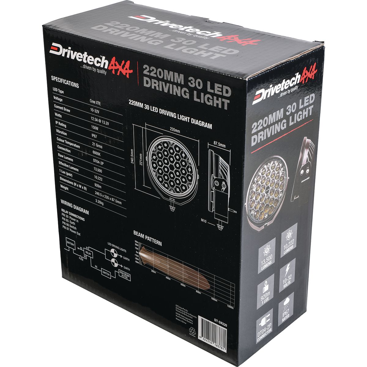 Drivetech 4X4 220mm Round LED Driving Light Black - DT-DR220