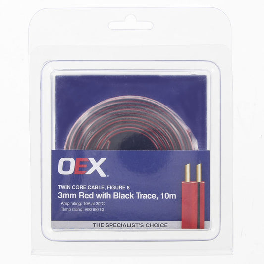 OEX 3mm Twin Core Automotive Cable, Figure 8, Red With Black Trace - 10m Blister Pack - ACX0802-10BL