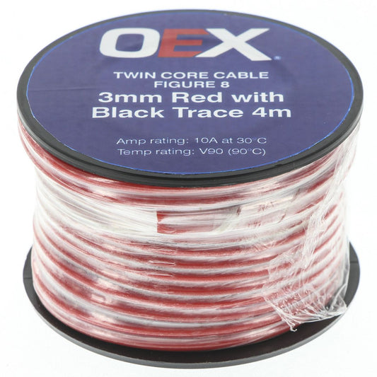 OEX 3mm Twin Core Automotive Cable, Figure 8, Red With Black Trace- 4m Roll