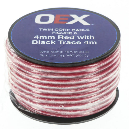 OEX 4mm Twin Core Automotive Cable, Figure 8, Red With Black Trace - 4m Roll - ACX0804-4M