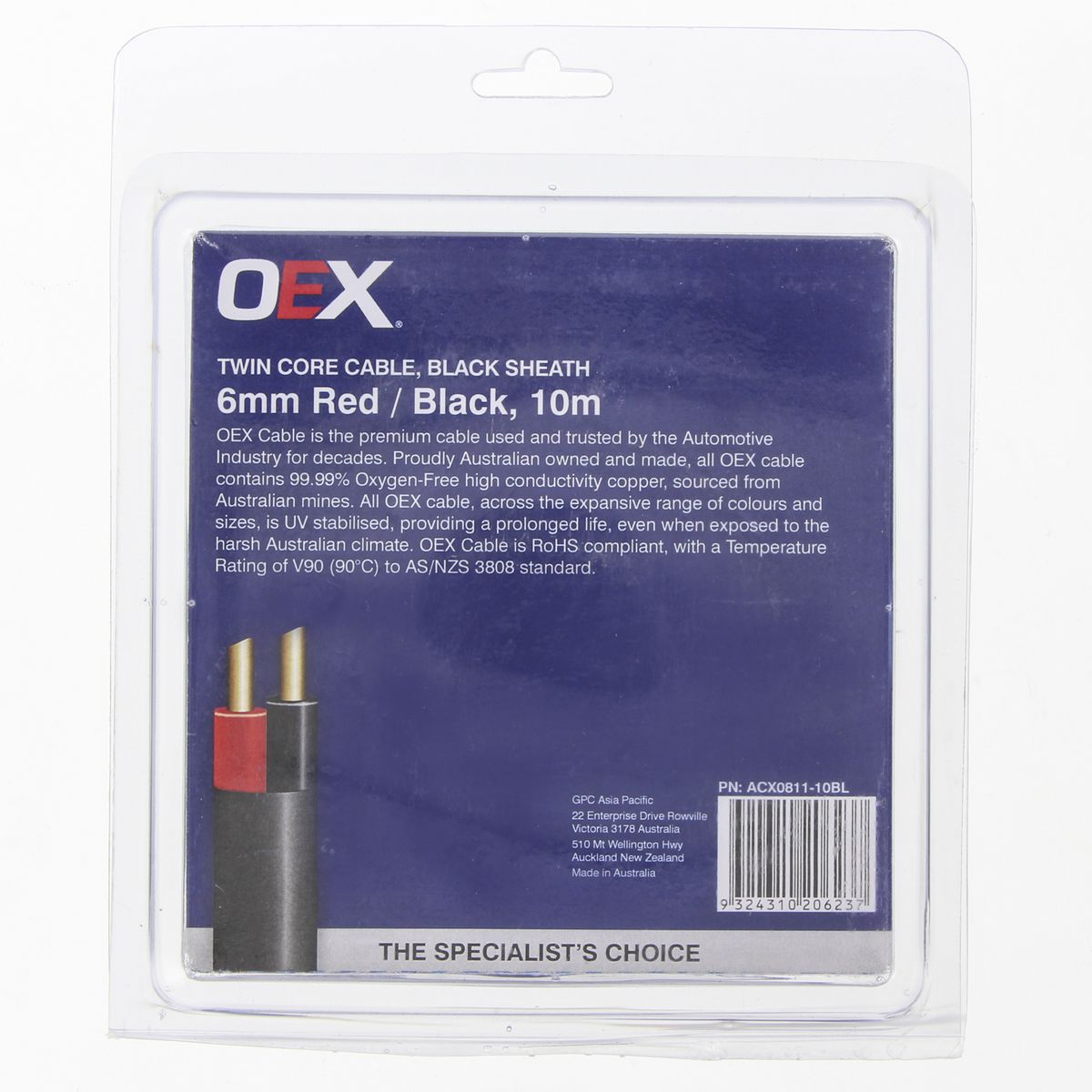 OEX 6mm Twin Core Automotive Cable, Red/Black, with Black Sheath 
(10m) - ACX0811-10BL