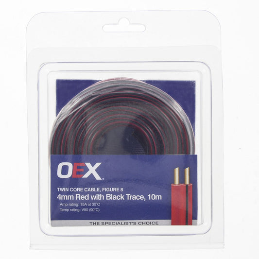 OEX 4mm Twin Core Automotive Cable, Figure 8, Red With Black Trace - 10m Blister Pack - ACX0804-10BL