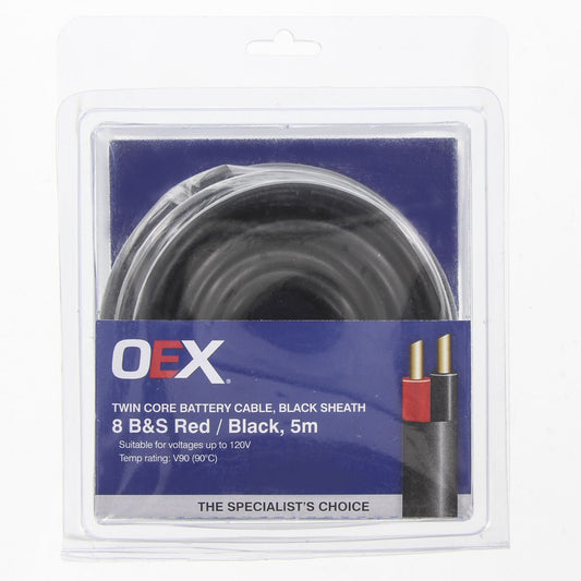 OEX 8 B&S Twin Core Battery Cable, Red/Black With Black Sheath (5m Blister Pack) - ACX0927-5BL
