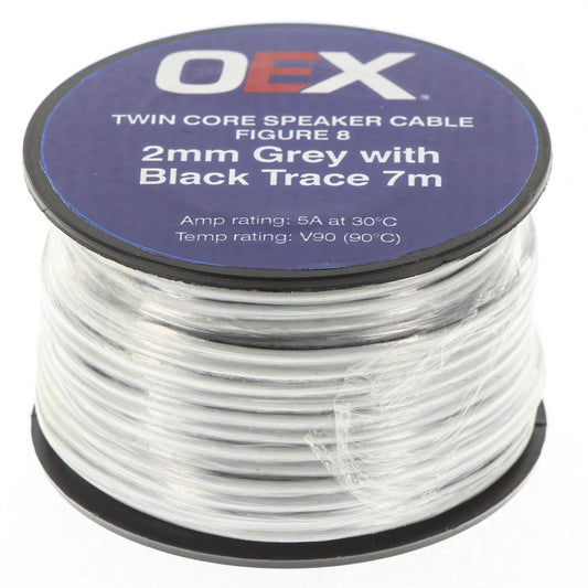 OEX 2mm Twin Core Speaker Cable, Figure 8, Grey with Black Trace - 7m Roll - ACX0800-7M