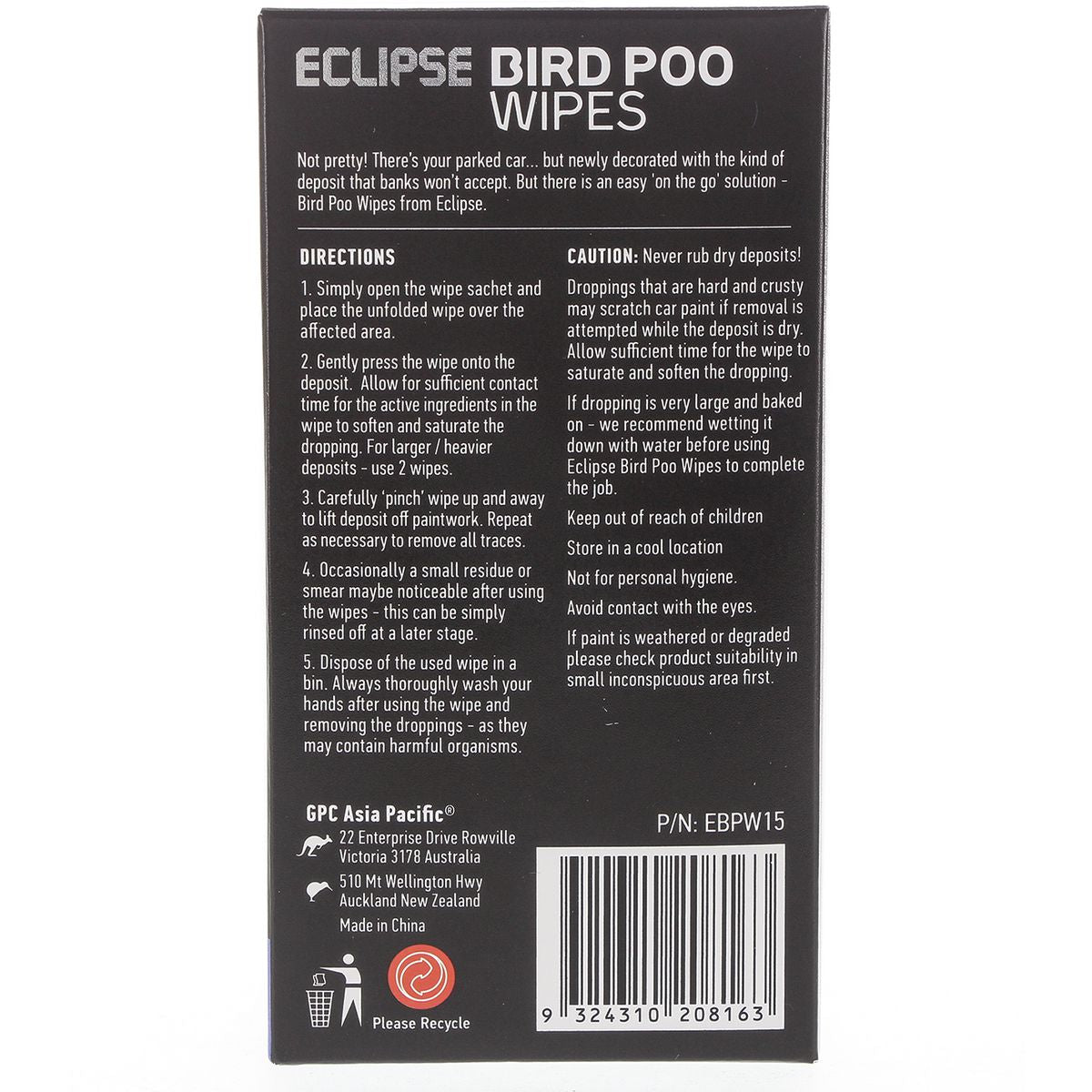 Eclipse Bird Poo Wipes 15 Pack - EBPW15