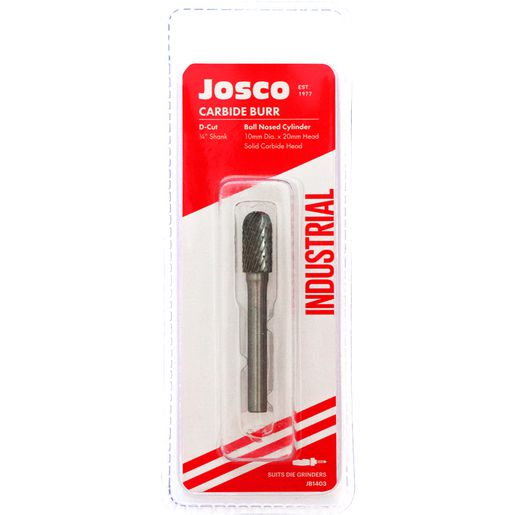 JOSCO Burr DCut 10x20mm 1/4 Shaft Cylinder Ball Nose Carbide - JB1403