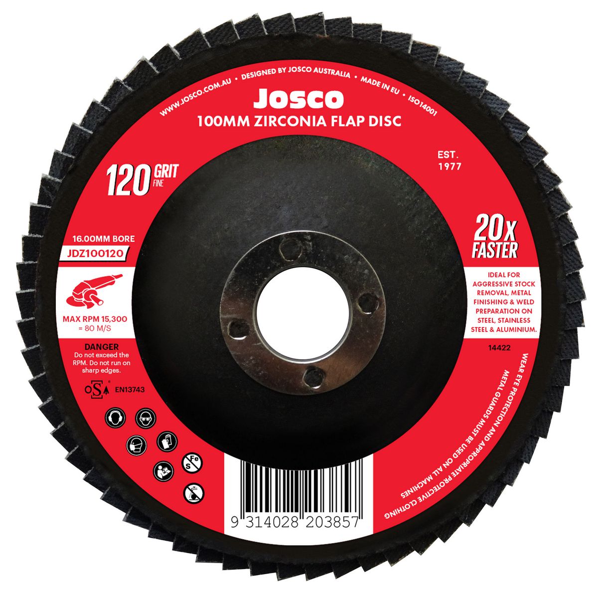 JOSCO Flap Disc 100x16 120g Zirconia - JDZ100120