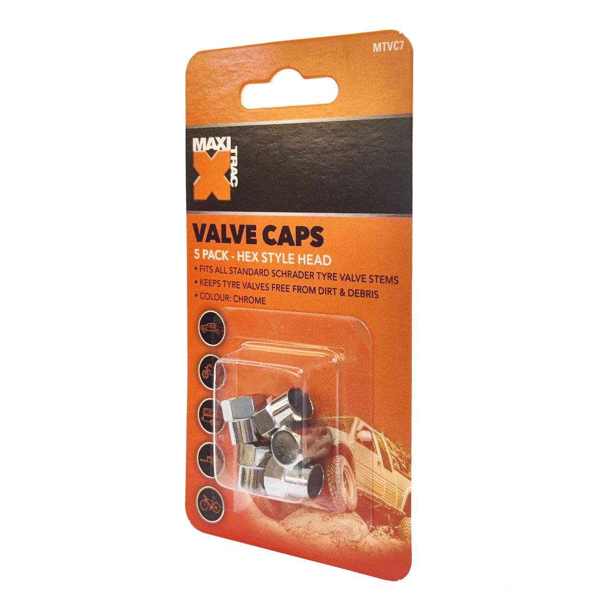 Maxi Trac Hexagon Chrome Valve Caps 5 Pack - MTVC7