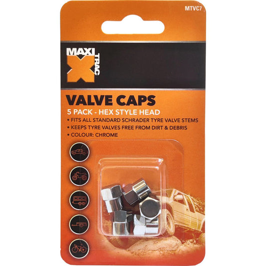 Maxi Trac Hexagon Chrome Valve Caps 5 Pack - MTVC7