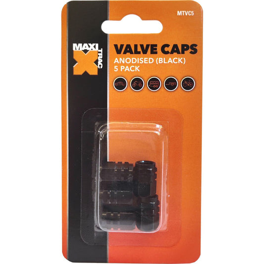Maxi Trac Anodised Hex Black Valve Caps 5 Pack - MTVC5