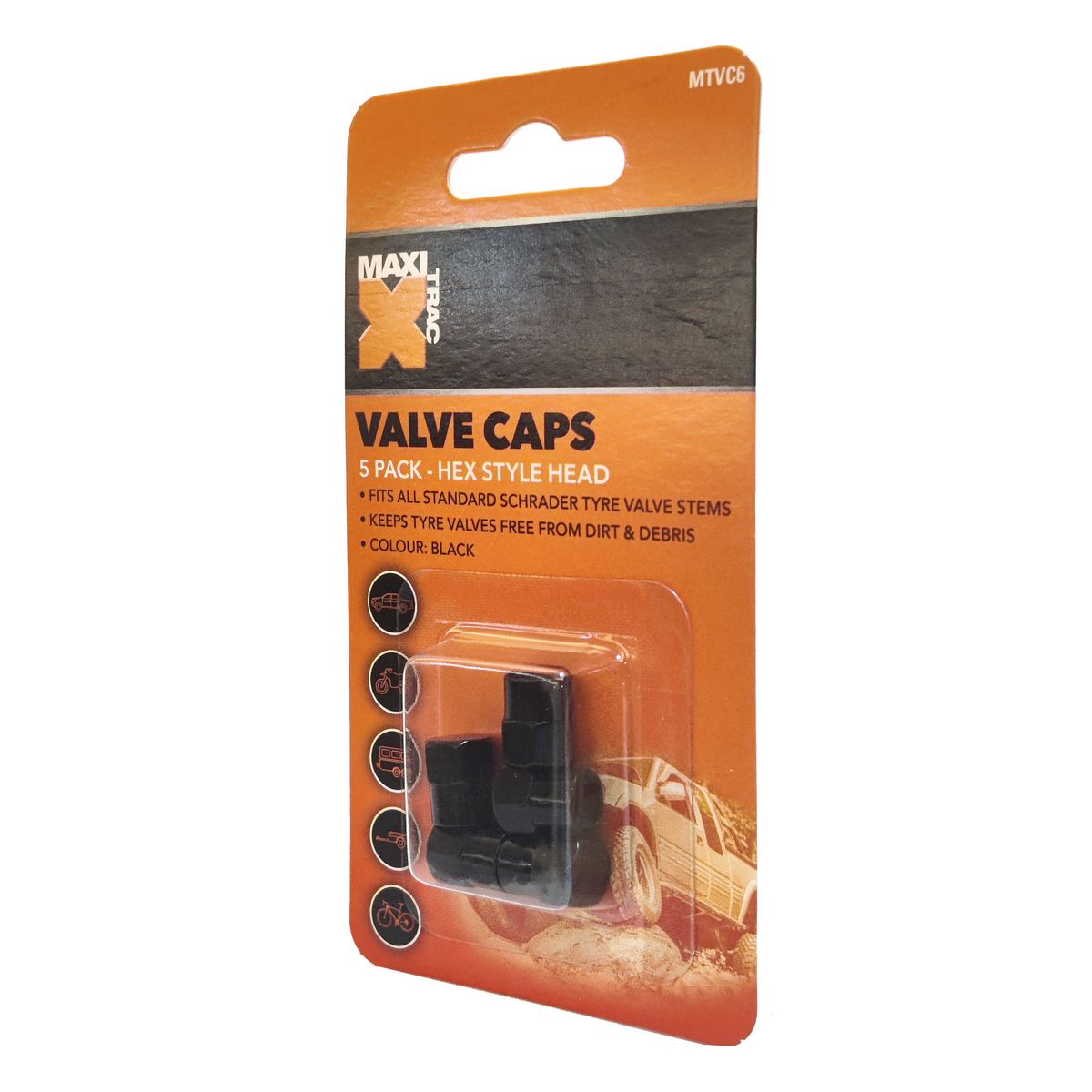 Maxi Trac Hexagon Black Valve Caps 5 Pack - MTVC6