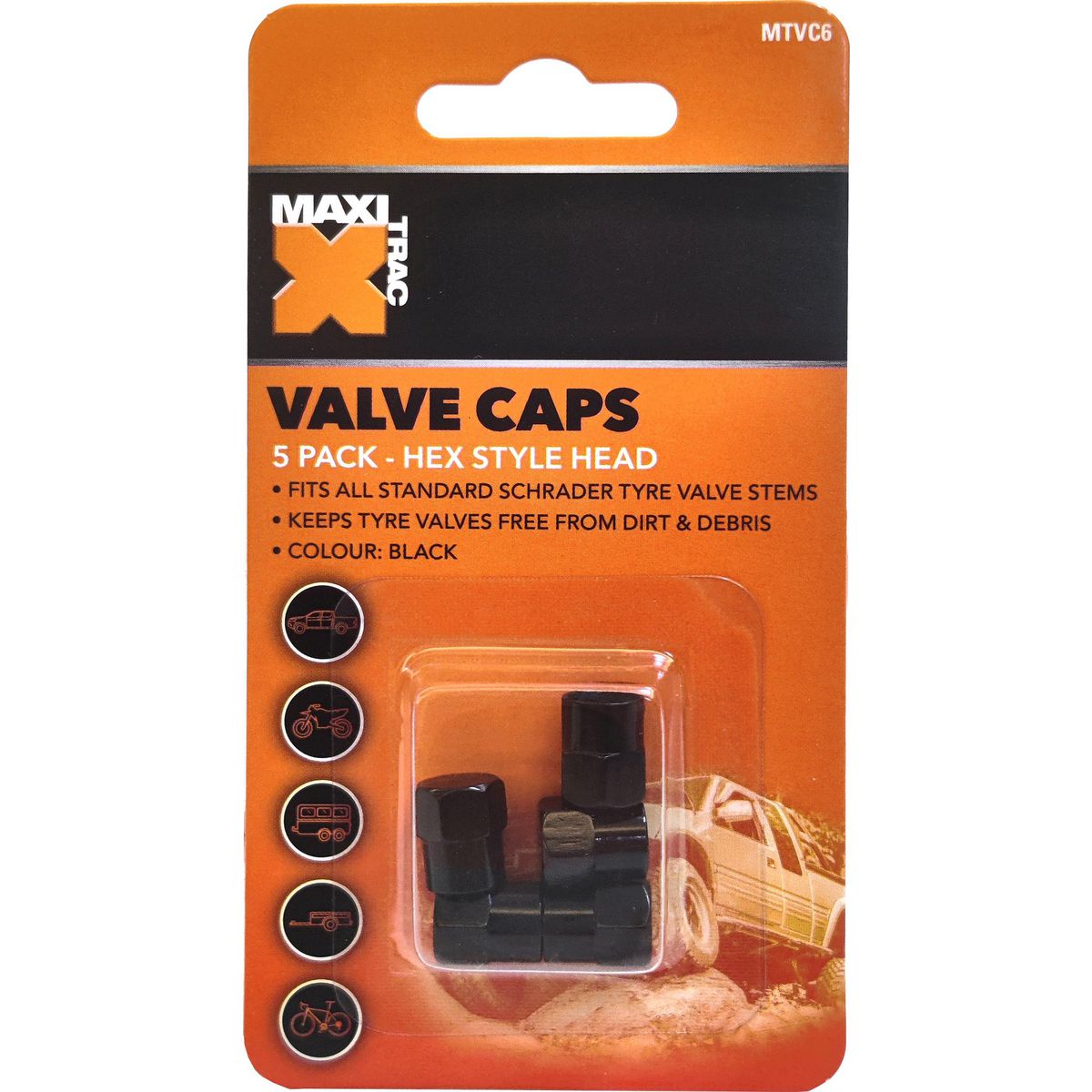 Maxi Trac Hexagon Black Valve Caps 5 Pack - MTVC6