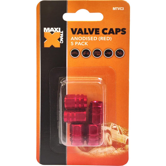 Maxi Trac Anodised Hex Red Valve Caps 5 Pack - MTVC3