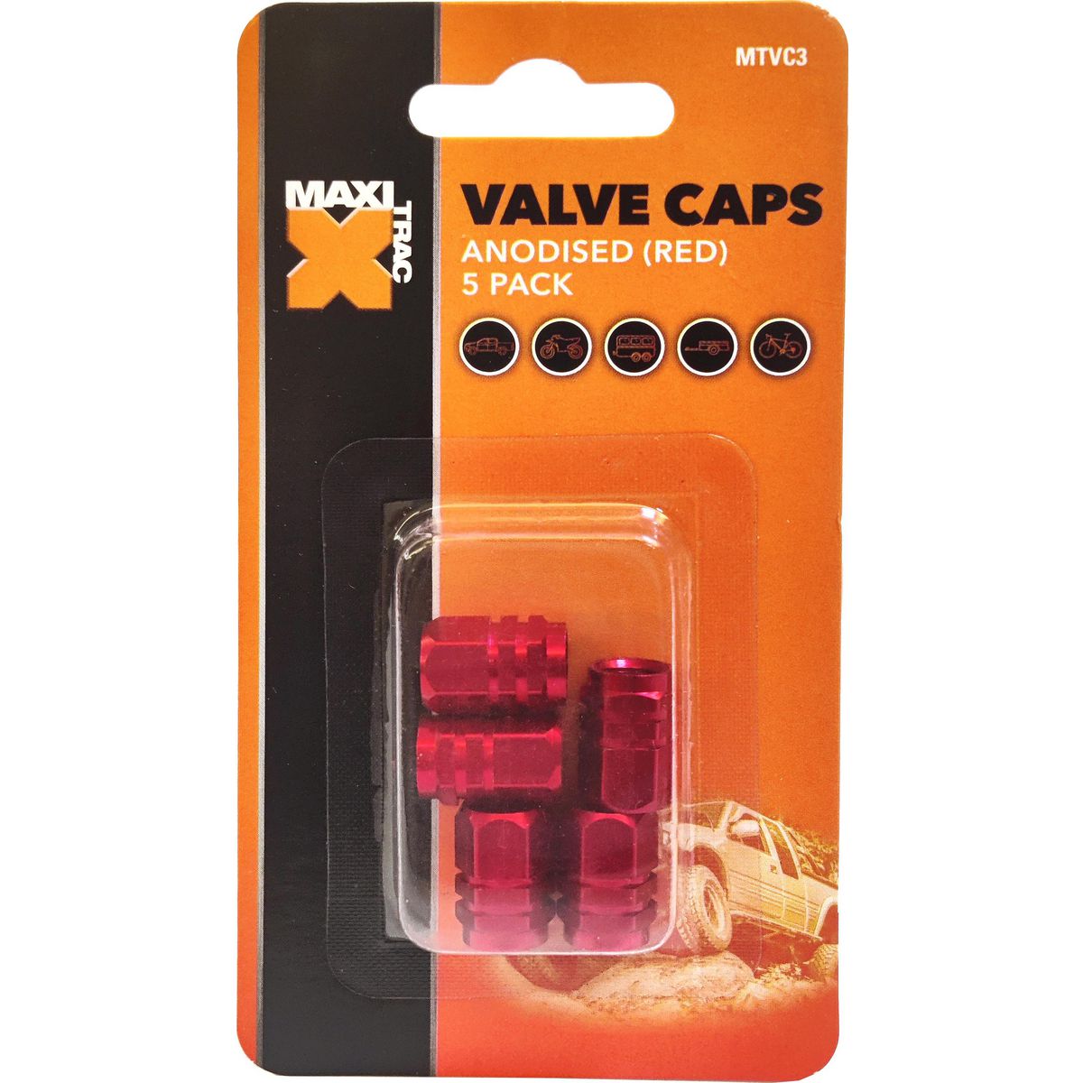 Maxi Trac Anodised Hex Red Valve Caps 5 Pack - MTVC3