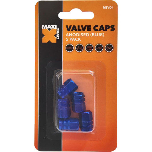 Maxi Trac Anodised Hex Blue Valve Caps 5 Pack - MTVC4